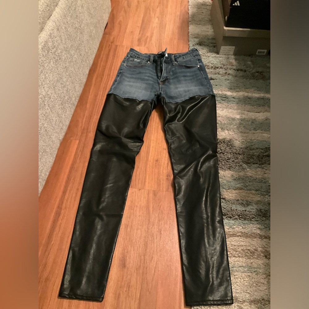 Women’s jeans size 5. The jean part connects with the faux leather pants